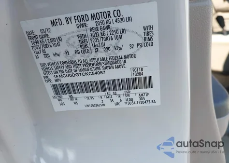 2012 Ford Escape Xlt из США, поврежденный, VIN 1FMCU0DG7CKC54057